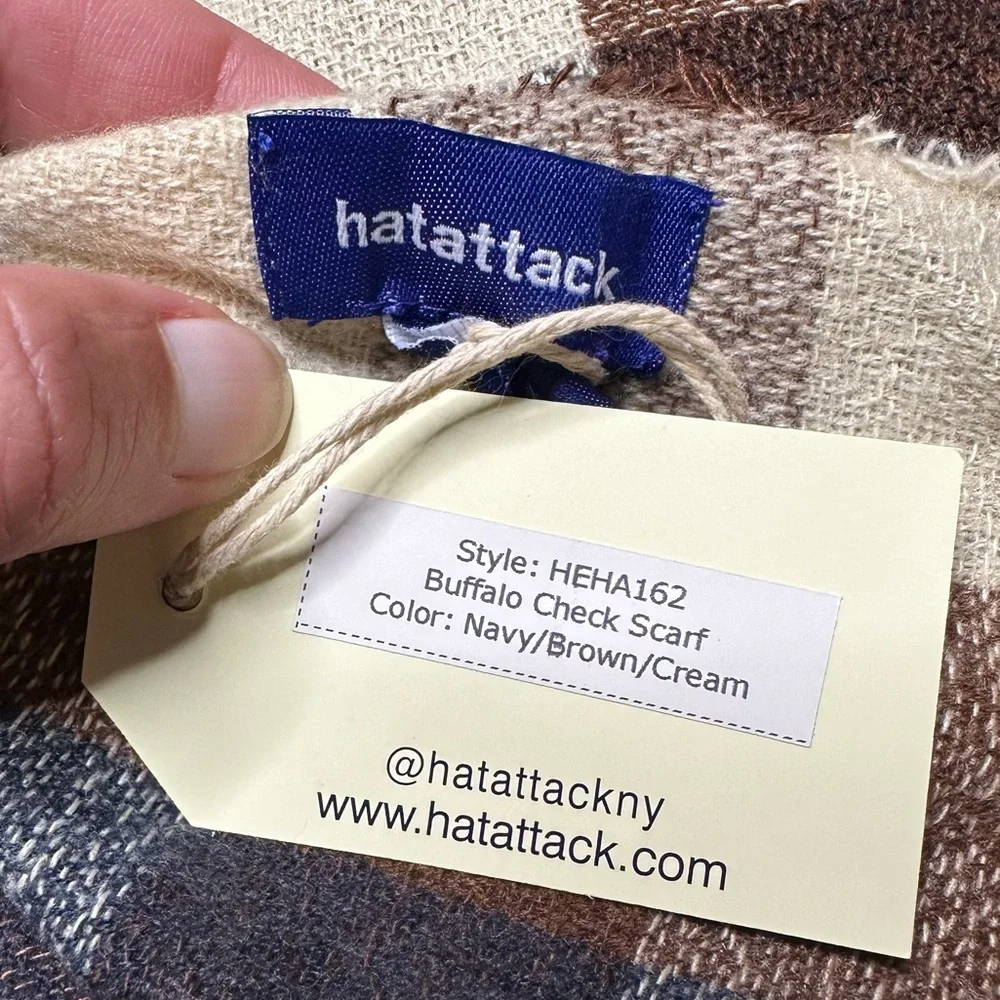 NWT Revolve Hat Attack Buffalo Check Scarf Navy Brown Women’s OS 79”x19.5”